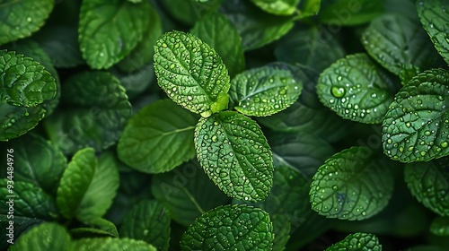 Close-up of fresh green leaves with water droplets, showcasing nature's beauty and vitality.