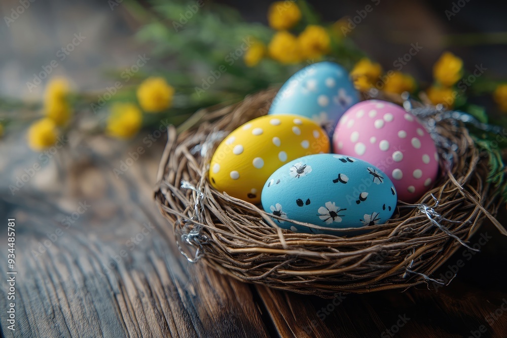 Easter eggs in a nest, decorated with various patterns. Perfect for Easter-themed projects and social media posts. Easter eggs in a nest, decorated with various patterns. Perfect for Easter-themed projects and social media posts.