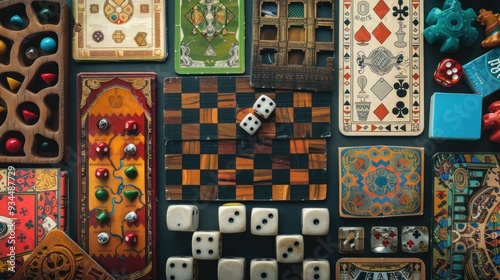 A Colorful Array of Vintage Board Games and Dice