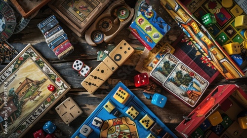 Images of classic board games, puzzle pieces, game boards, dice, and playing cards.