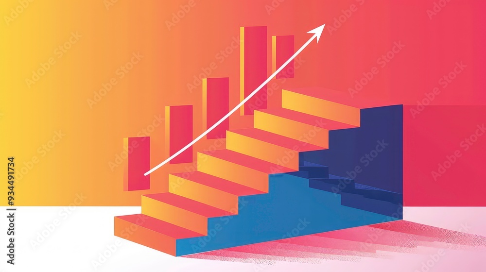 Fototapeta premium A stylized illustration of a staircase with an upward arrow on a gradient background, suggesting growth and progress.