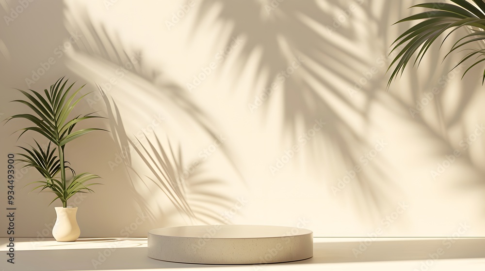 Abstract minimal backdrop featuring a spotlighted podium and palm leaf shadows for a cosmetic presentation  AI generated illustration