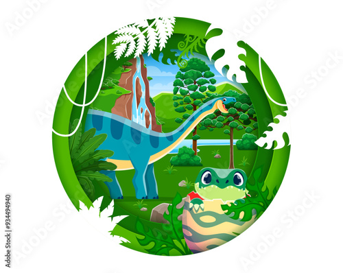 Prehistoric era paper cut landscape with funny dinosaurs. 3d vector round papercut frame with cartoon coloradisaurus dino and baby hatching from the egg at lush, green, jungle forest and waterfall photo