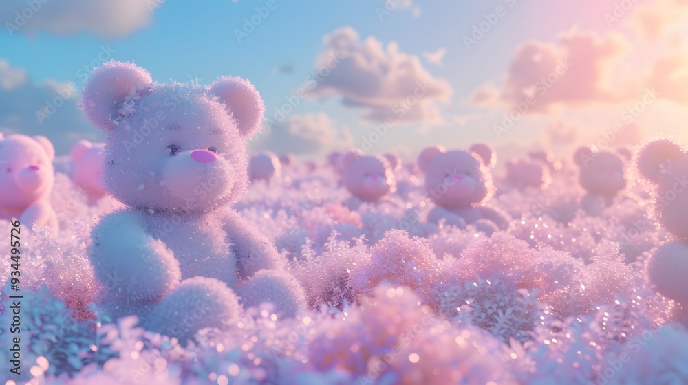 Adorable pastel-hued 3D teddy bears scattered in a soft-focus landscape AI generated illustration Adorable pastel-hued 3D teddy bears scattered in a soft-focus landscape AI generated illustration