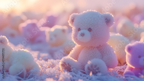 Adorable pastel-hued 3D teddy bears scattered in a soft-focus landscape AI generated illustration
