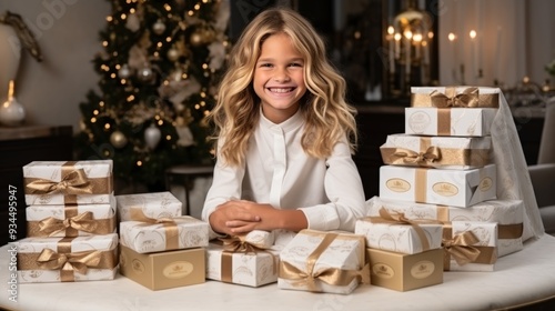 Cheerful child with curly blond hair next to holiday presentsfestive celebration photo