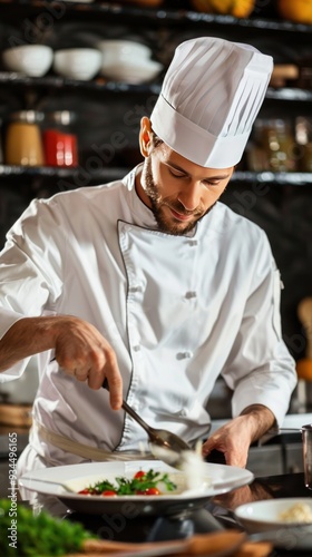 Cooking Delight: A chef preparing a delicious meal in a well-equipped kitchen