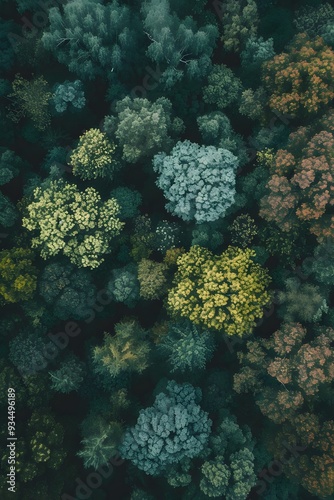 Aerial view of a pastel-colored eco-forest with the focus on tiny details AI generated illustration