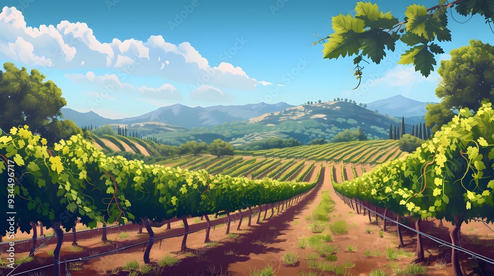 Fototapeta premium Aging vineyard on a sunny day depicted in 3D style art AI generated illustration