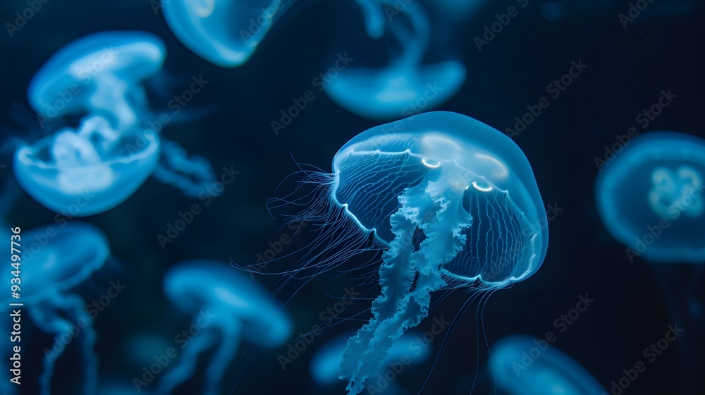 Fototapeta premium An abstract view of floating jellyfish in deep water lit from below AI generated illustration