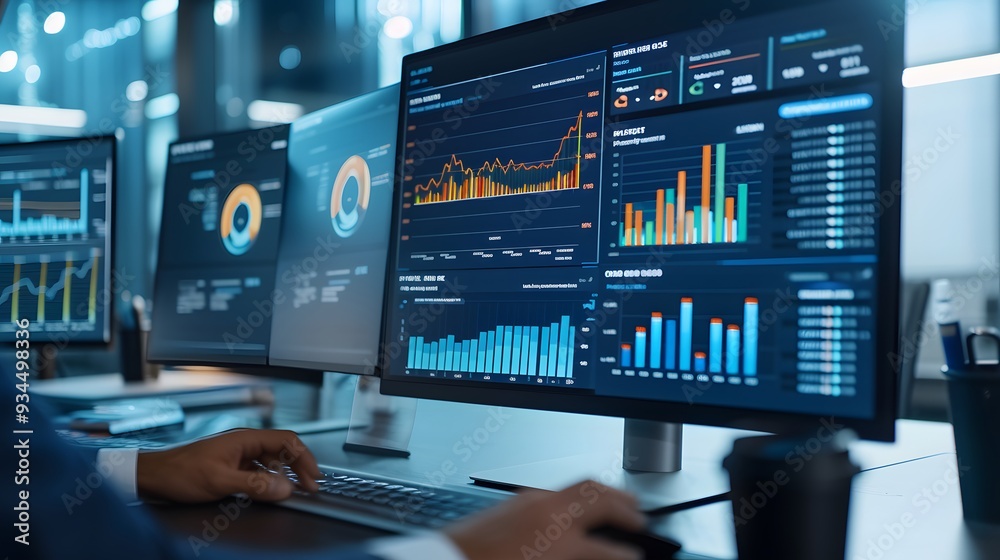 An analysts workstation featuring a computer and a dashboard showcasing data management systems AI generated illustration An analysts workstation featuring a computer and a dashboard showcasing data management systems AI generated illustration