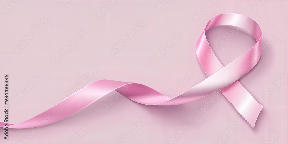 Pink ribbon on pastel pink background with copy space, breast cancer awareness concept Pink ribbon on pastel pink background with copy space, breast cancer awareness concept