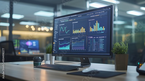 An analysts workstation featuring a computer and a dashboard showcasing data management systems AI generated illustration