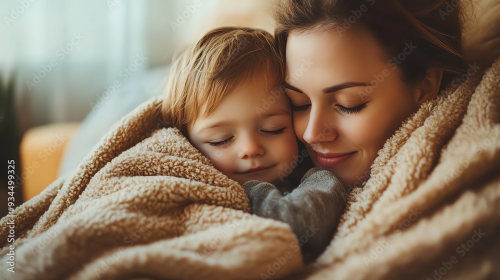 A mother lovingly holds her sleeping child under a warm blanket, capturing a moment of comfort and tenderness. A mother lovingly holds her sleeping child under a warm blanket, capturing a moment of comfort and tenderness.