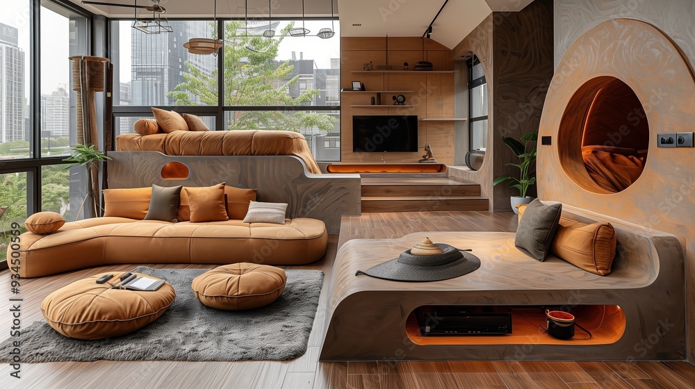Fototapeta premium Modern Interior Design Featuring Cozy Lounge Area and Stylish Open Space in Urban Setting