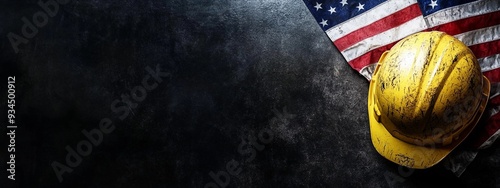 Realistic image of American flag with construction helmet on black background, symbolizing labor day with copy space for text