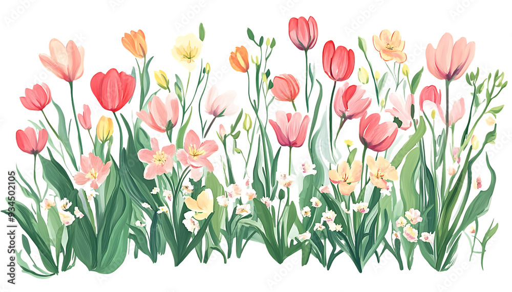 Obraz premium A vibrant spring garden with colorful tulips and delicate daffodils in bloom.