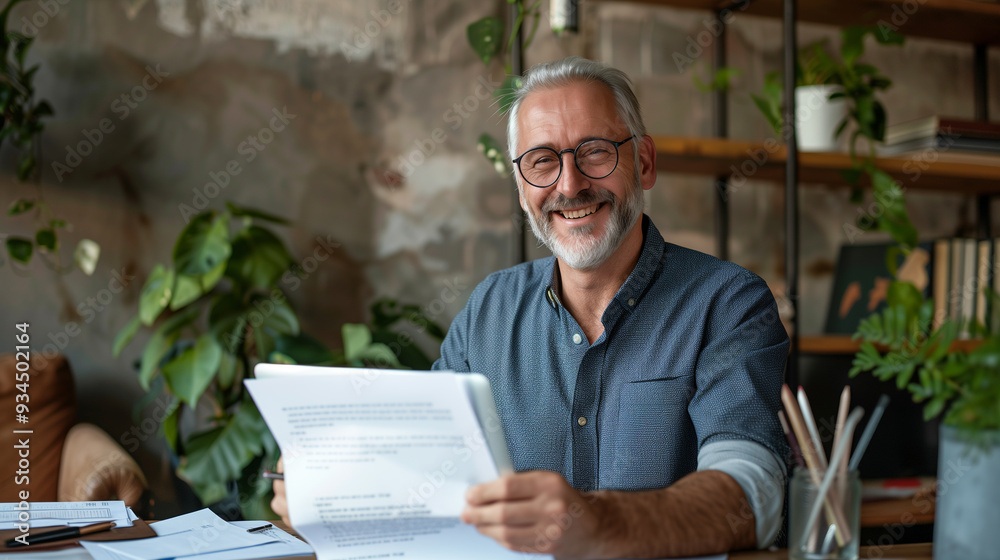 an adult man with a beard in an office, sitting at a table, reading papers. The working atmosphere of a cozy office.