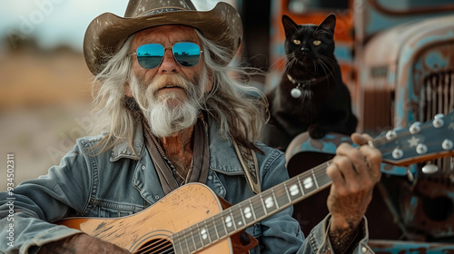 Portrait of a textured bearded musician in a hat and a denim jacket with a black cat,