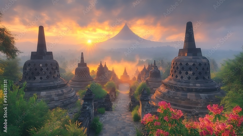 Fototapeta premium Majestic sunrise over ancient temple with volcanic mountain in the background.