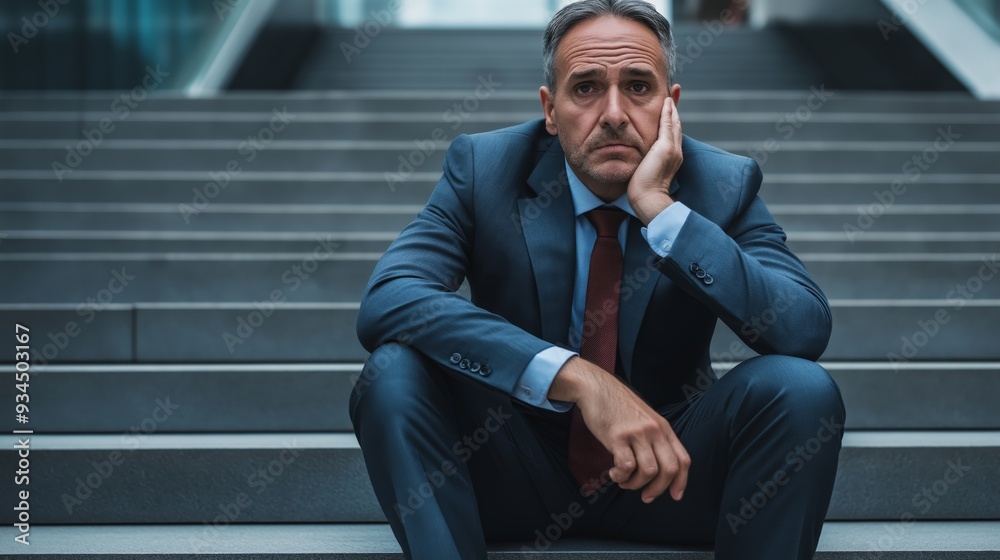 Middle-aged businessman in a suit sitting on outdoor stairs of an office building, looking stressed and defeated, with a tired expression, resting his head on his hand Middle-aged businessman in a suit sitting on outdoor stairs of an office building, looking stressed and defeated, with a tired expression, resting his head on his hand