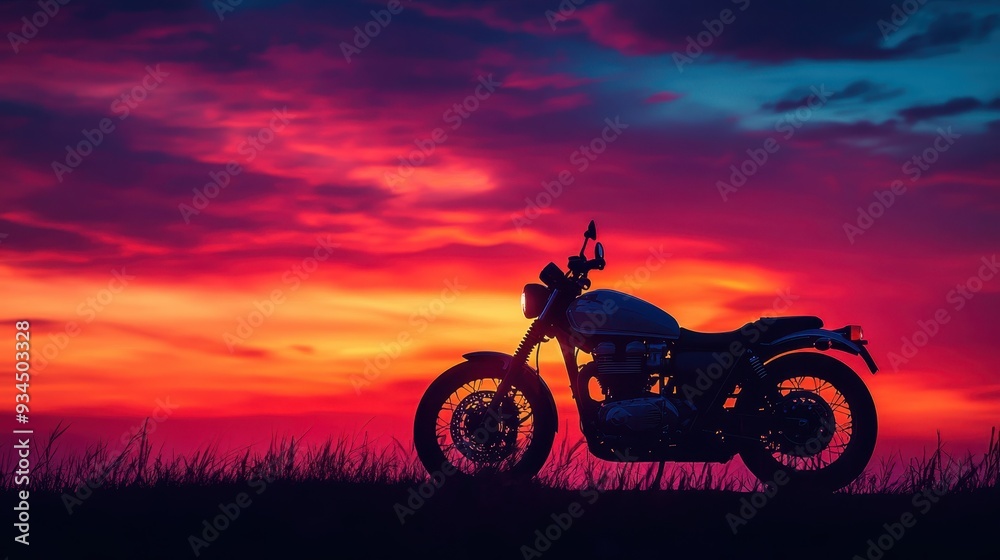 Fototapeta premium A silhouette of a motorcycle against the backdrop of a beautiful sunset sky, with warm colors and soft lighting. The motorcycle is in sharp focus while the background blurs into pastel hues of orange