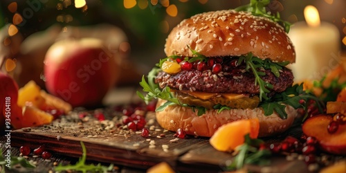 Wallpaper Mural Sesame Seed Cheeseburger with Fresh Fruit Salad A Delightful Blend of Savory and Sweet Tastes Torontodigital.ca