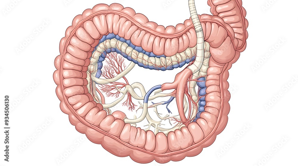An illustration of the human intestinal system showing the entire ...