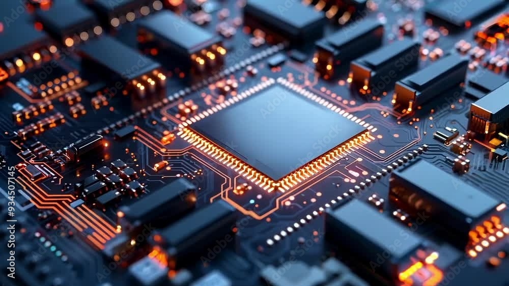 High tech electronic circuit board with a central processing unit conducting operations at a rapid pace. Capturing the essence of the digital age High tech electronic circuit board with a central processing unit conducting operations at a rapid pace. Capturing the essence of the digital age