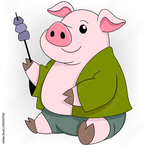fat pig sitting holding skewer enjoying grilled meat