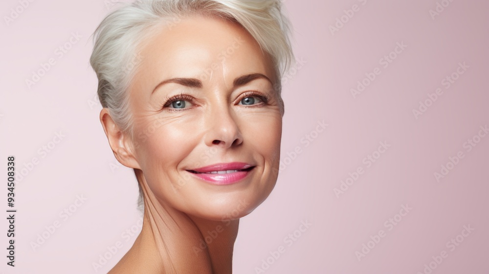 Elegant 50s mature woman emphasizing skincare beauty, skin care cosmetics on white background Elegant 50s mature woman emphasizing skincare beauty, skin care cosmetics on white background