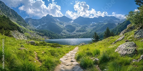 Fototapeta Naklejka Na Ścianę i Meble -  Touristic trail in the mountains near the lake 