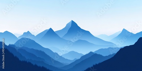 Minimalistic mountain landscape illustration in shades of blue. 