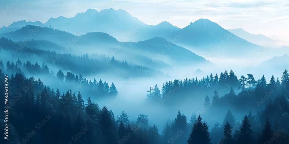 Obraz premium Beautiful blue mountain landscape with fog and forest, Beautiful dark blue mountain landscape with fog and forest, Beautiful dark blue mountain landscape with fog and forest