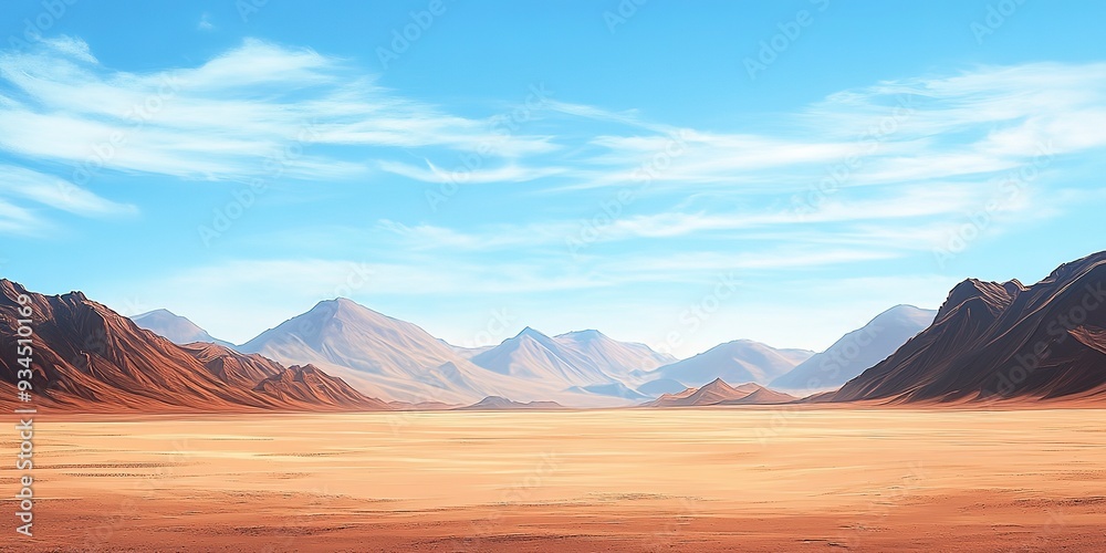 Naklejka premium Brown desert landscape with mountains under blue sky, To convey a sense of vastness and aridness in a visually appealing way, suitable for travel