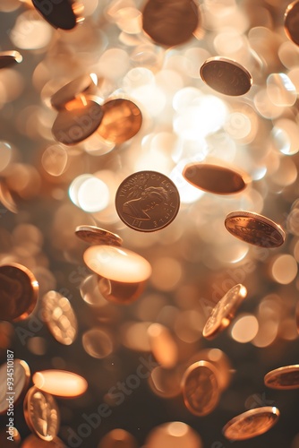 An image of pennies falling through soft ambient white light  AI generated illustration
