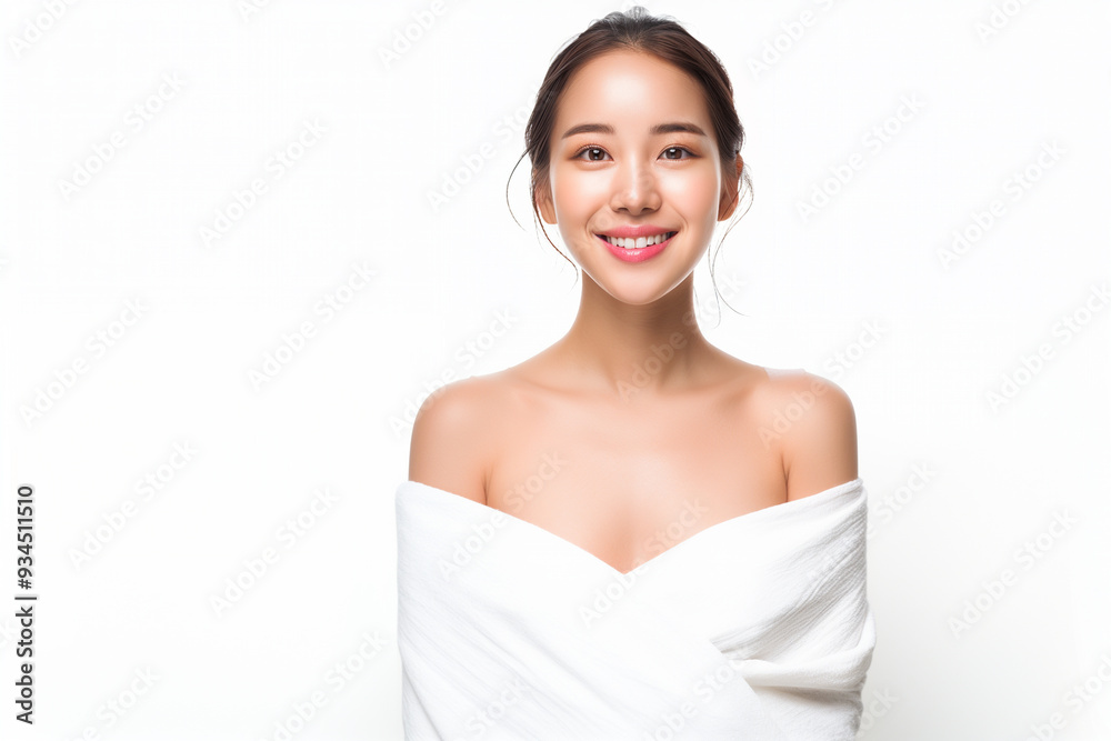 Smiling young Korean woman with clear skin and neatly tied hair, wrapped in a white towel, standing against a white background. Smiling young Korean woman with clear skin and neatly tied hair, wrapped in a white towel, standing against a white background.