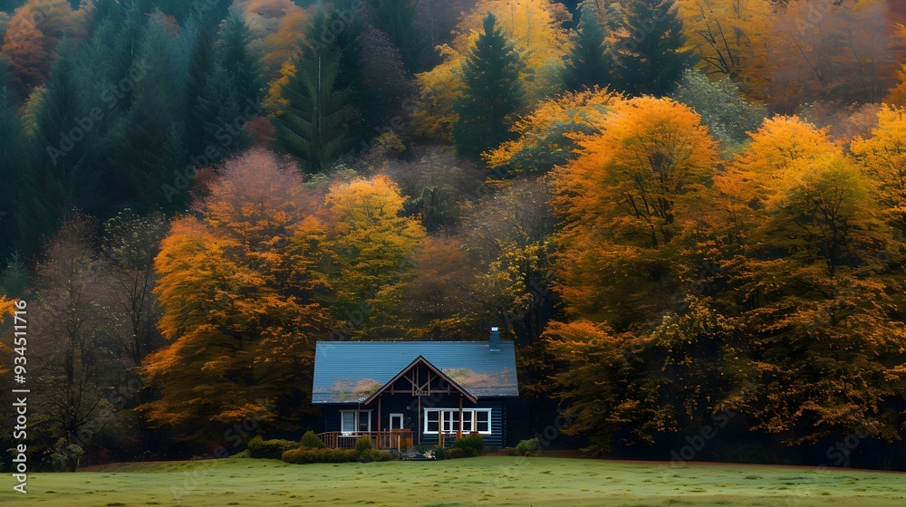 Ancestral family home nestled in an autumn forest AI generated illustration Ancestral family home nestled in an autumn forest AI generated illustration