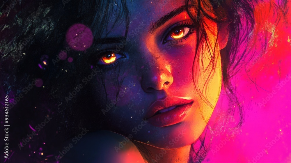 Fototapeta premium Watercolor digital illustration of a girl s portrait with a neon light theme