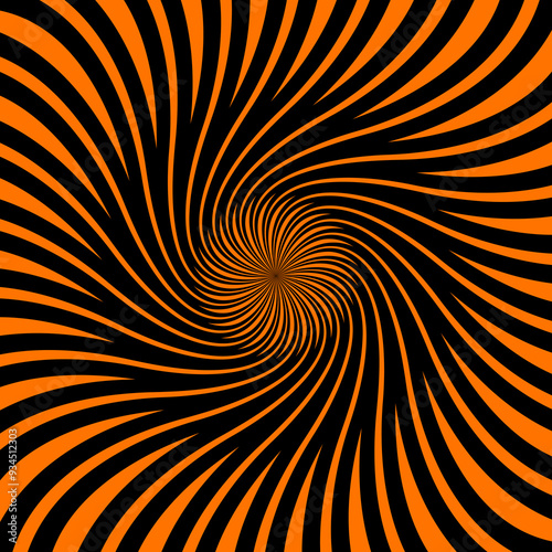 Psychedelic hypnotic Halloween spiral pattern. Vector optical illusion background with black and orange continuous flow of lines draws the eye towards the center, creating captivating visual effect