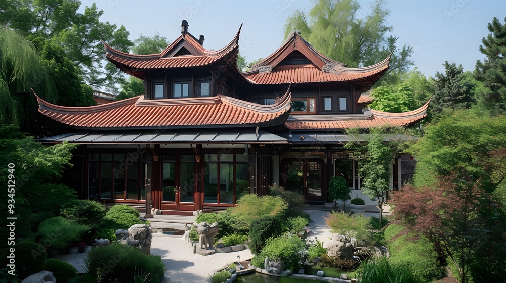 Asian-style house with ornate sculptural roof AI generated illustration Asian-style house with ornate sculptural roof AI generated illustration