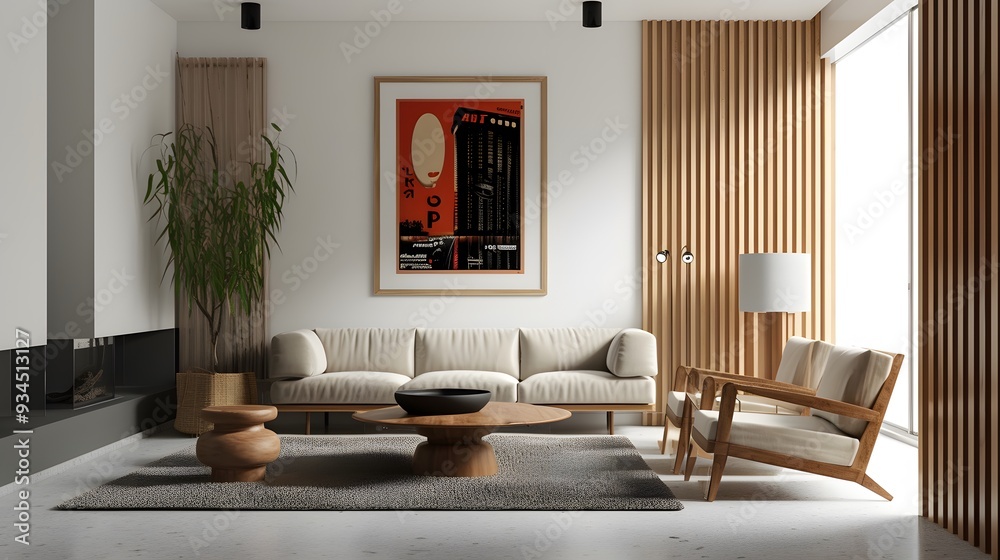 Austere modern room blessed with the presence of a minimalistically cinematic poster in a wooden frame AI generated illustration Austere modern room blessed with the presence of a minimalistically cinematic poster in a wooden frame AI generated illustration