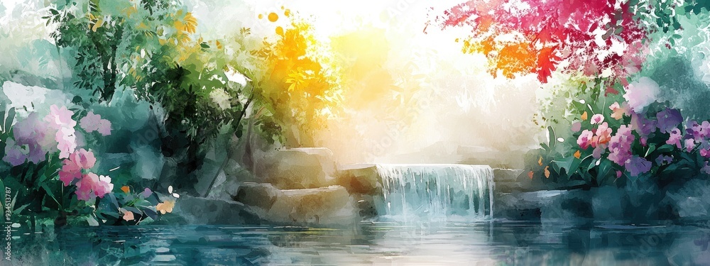 Fototapeta premium Watercolor digital painting depicting a picturesque garden scene in nature