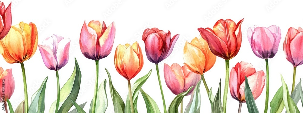 Fototapeta premium Watercolor floral template featuring tulips with a decorative flower border Illustration