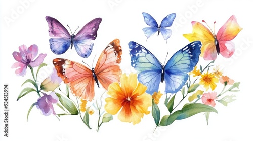 Watercolor hand painted abstract floral design featuring beautiful butterflies