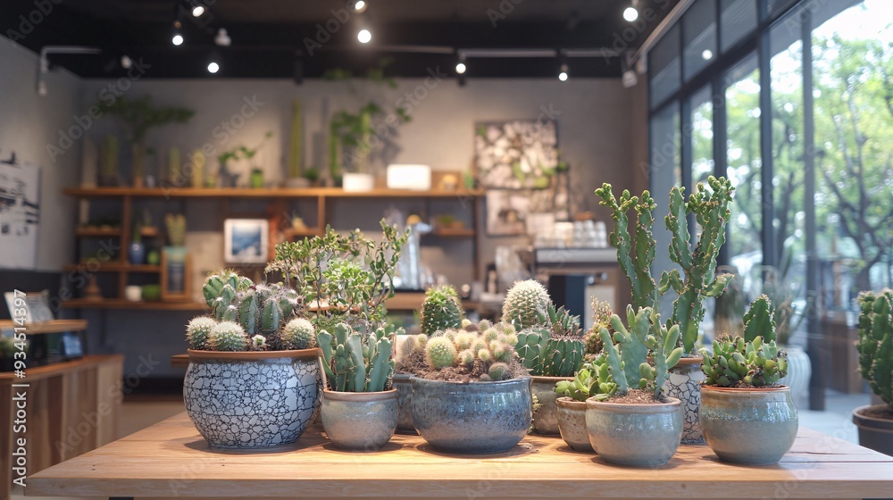 A beautifully designed cafe interior features a variety of cactus and succulents in chic ceramic pots. The plants are arranged on a large, wooden table, adding a touch of nature to the modern decor. A beautifully designed cafe interior features a variety of cactus and succulents in chic ceramic pots. The plants are arranged on a large, wooden table, adding a touch of nature to the modern decor.