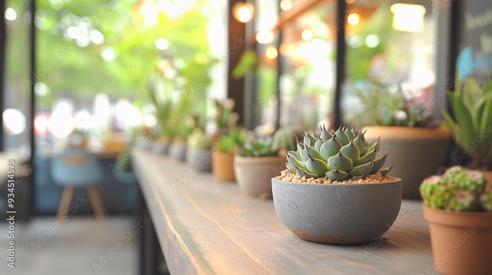 A modern cafe with a focus on a large wooden table adorned with a variety of cactus and succulents in unique, handmade pots. The plants add a touch of nature to the sleek, contemporary design, which A modern cafe with a focus on a large wooden table adorned with a variety of cactus and succulents in unique, handmade pots. The plants add a touch of nature to the sleek, contemporary design, which