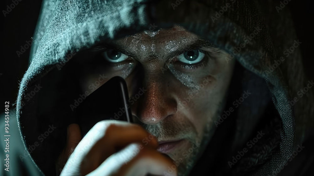 male scammer in hoodie talking on phone on dark background, man, criminal, thief, bandit, killer, fraud, deception, scam, eyes, face, angry, cunning, evil, smirk, portrait, emotion, person, people male scammer in hoodie talking on phone on dark background, man, criminal, thief, bandit, killer, fraud, deception, scam, eyes, face, angry, cunning, evil, smirk, portrait, emotion, person, people