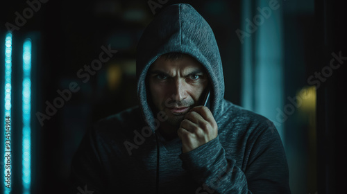 male scammer in hoodie talking on phone on dark background, man, criminal, thief, bandit, killer, fraud, deception, scam, eyes, face, angry, cunning, evil, smirk, portrait, emotion, person, people