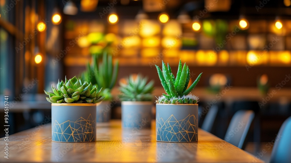 A stylish cafe setting with a focus on a wooden table adorned with a selection of cactus and succulents in modern, geometric pots. The plants add a touch of greenery to the sleek, contemporary A stylish cafe setting with a focus on a wooden table adorned with a selection of cactus and succulents in modern, geometric pots. The plants add a touch of greenery to the sleek, contemporary